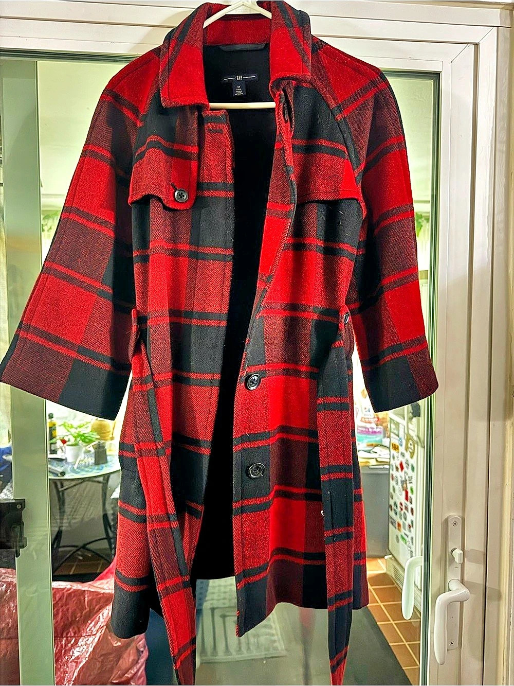 Gap Red and Black Buffalo Plaid Wool-Blend Belted Trench Coat Red & Black